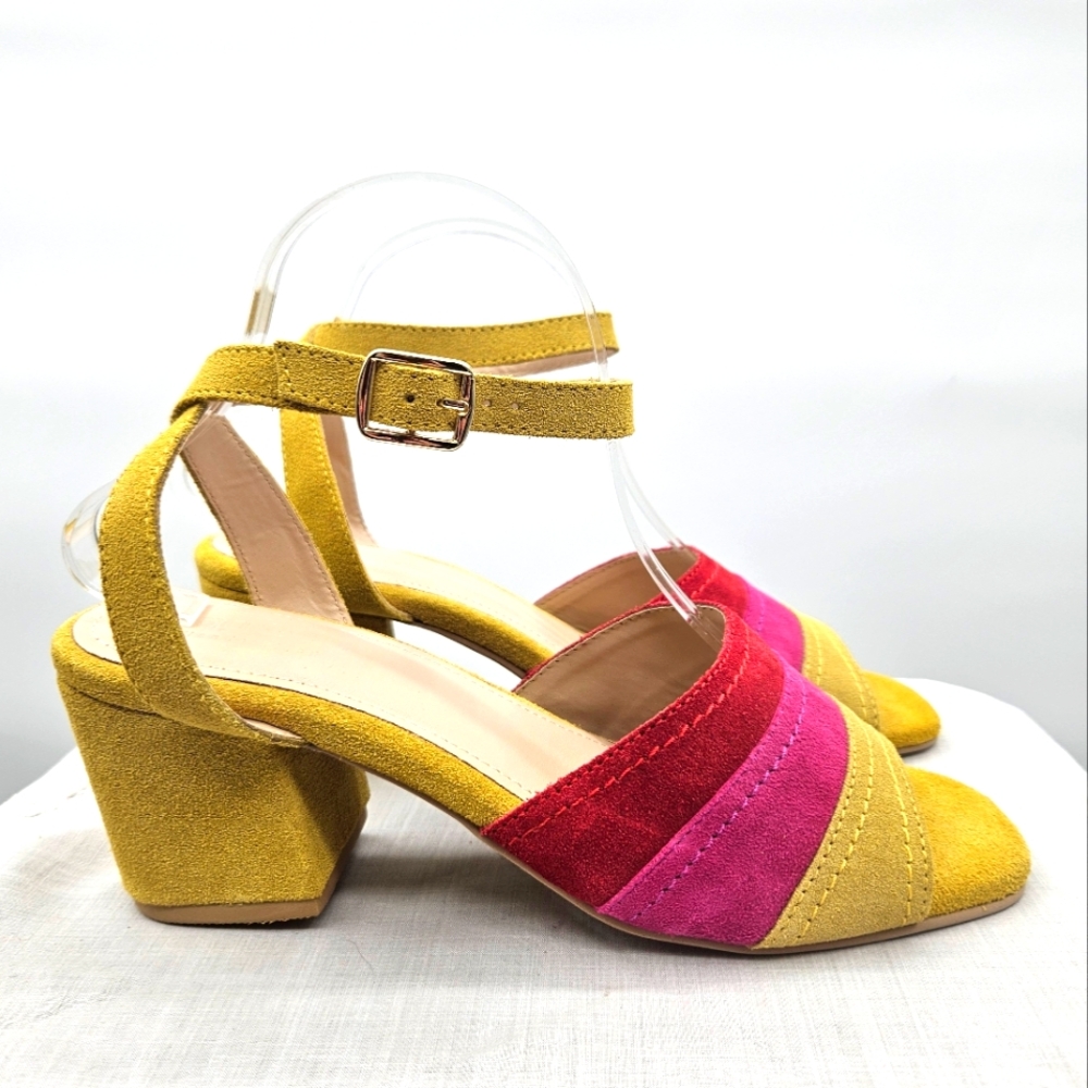 Yellow Suede Block Heel Sandals with Pink & Red Stripes